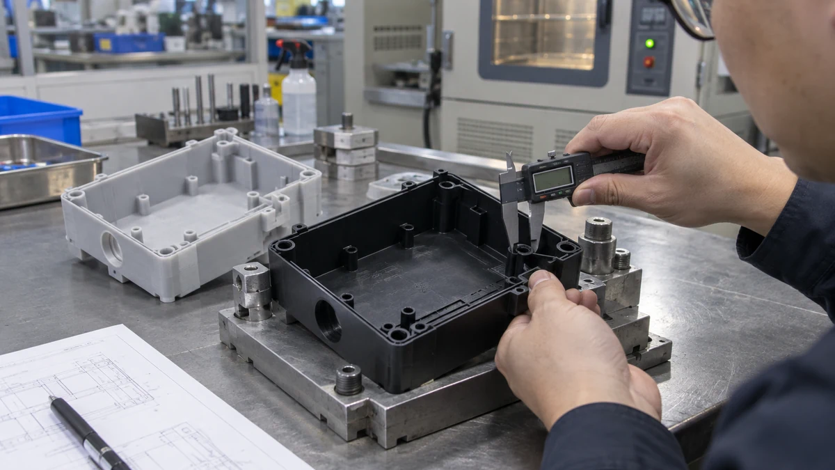 품질 담당자가 실제 사출 소재로 만든 검은색 하우징을 치수 측정기와 시험 지그로 검사하는 모습
