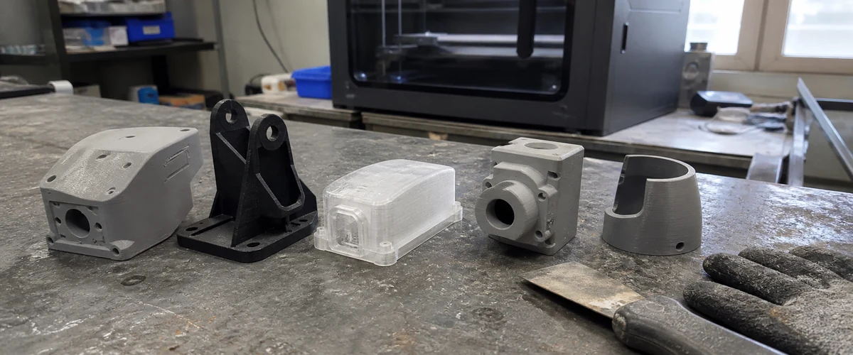 서로 다른 방식으로 출력한 시제품 5개와 작업장 3D프린터
