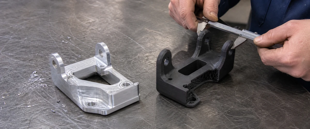 같은 브라켓을 CNC 알루미늄과 3D프린팅 수지로 만들어 측정하는 모습