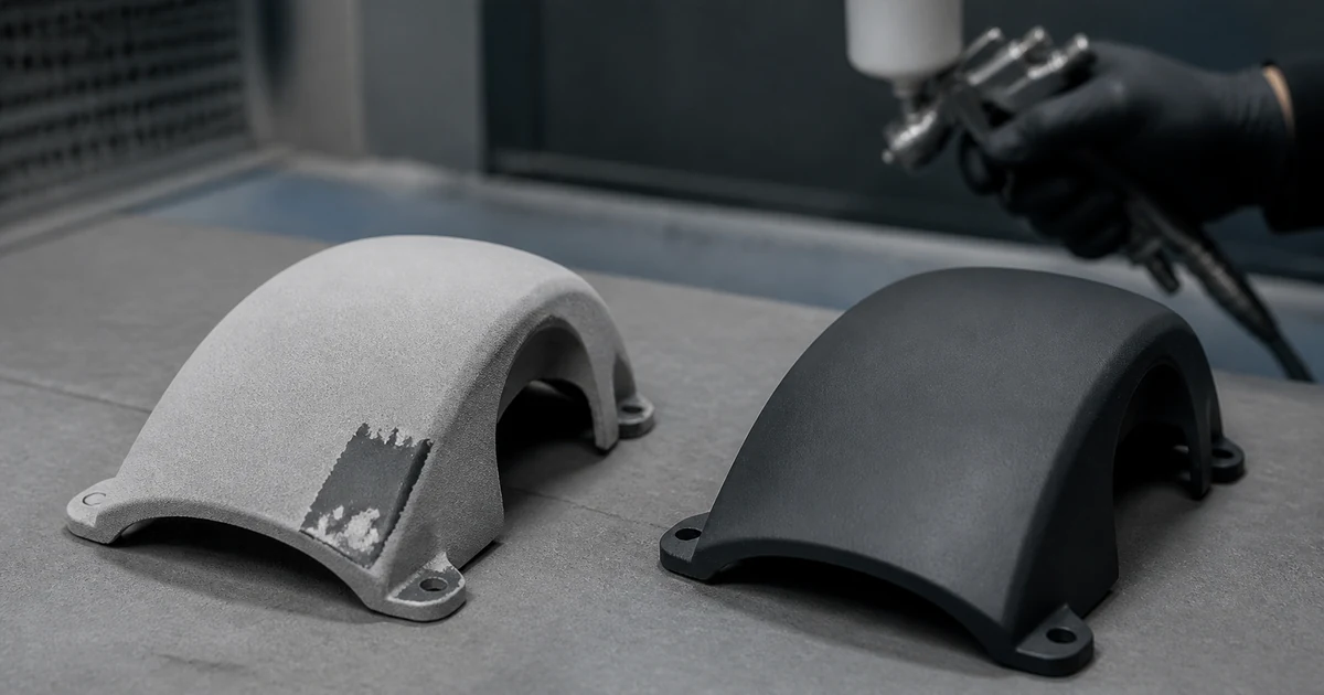 거친 SLS 시편과 매끄럽고 균일하게 도색된 시편을 작업대에서 비교하는 모습