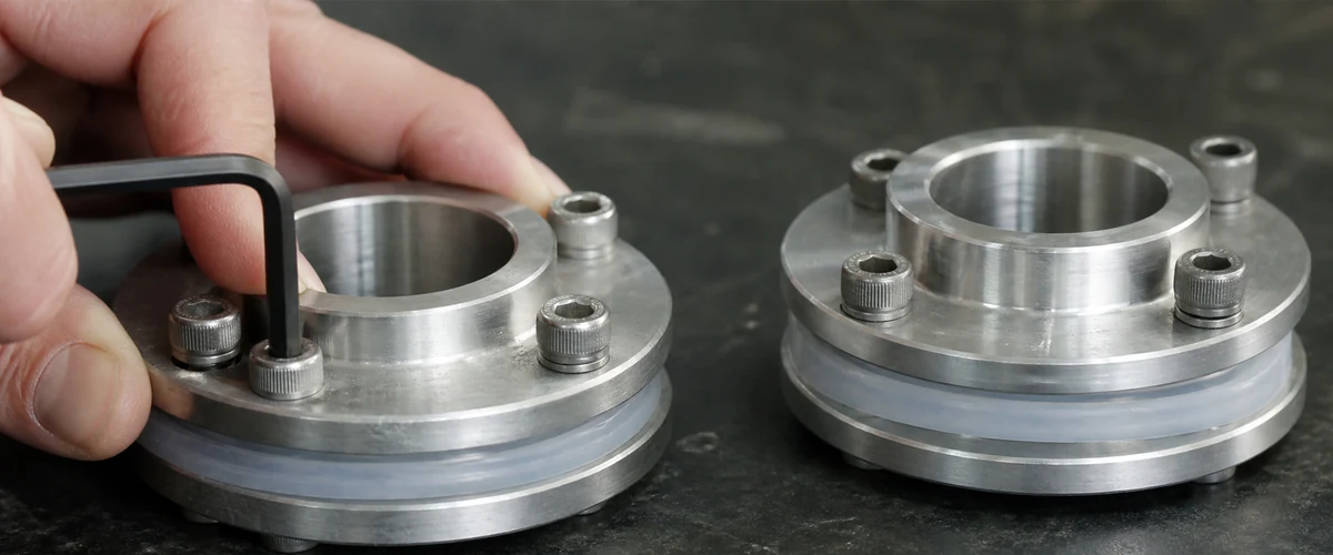 금속 플랜지 사이의 실리콘 개스킷을 볼트로 고르게 압착하는 모습